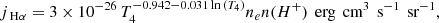 $$ \begin{aligned} j_{\text{ H}\alpha } = 3 \times 10^{-26} \, T_4^{-0.942-0.031\ln {(T_4)}} n_e n(H^+) \, \text{ erg} \, \text{ cm}^3 \, \text{ s}^{-1} \, \text{ sr}^{-1}, \end{aligned} $$