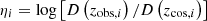 $ \eta _{i} =\log \left [D\left (z_{\mathrm {obs},i}\right )/D\left (z_{\mathrm {cos},i}\right )\right ] $