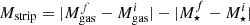 $ M_{\mathrm{strip}} = \lvert M_{\mathrm{gas}}^{f} - M_{\mathrm{gas}}^{i} \rvert - \lvert M_{\star}^{f} - M_{\star}^{i} \rvert $