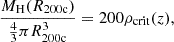 $$ \begin{aligned} \frac{M_{\rm H}(R_{200\mathrm{c}})}{\frac{4}{3}\pi R_{200\mathrm{c}}^3}= 200 \rho _{\rm crit}(z), \end{aligned} $$