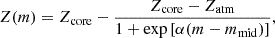 $$ \begin{aligned} Z(m) = {Z_{\rm core}} - \frac{{Z_{\rm core}}-{Z_{\rm atm}}}{1+\exp \left[\alpha (m - {m_{\rm mid}})\right]}, \end{aligned} $$