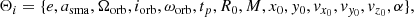 $$ \begin{aligned} \Theta _i = \{e, a_{\rm sma}, \Omega _{\rm orb}, i_{\rm orb}, \omega _{\rm orb}, t_p, R_0, M, x_0, y_0, v_{x_0}, v_{y_0}, v_{z_0}, \alpha \}, \end{aligned} $$