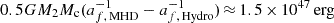 $ 0.5GM_2M_{\mathrm{c}}(a_{f,\, \mathrm{MHD}}^{-1} - a_{f,\, \mathrm{Hydro}}^{-1})\, {\approx} \, 1.5\, {\times}\, 10^{47}\, \mathrm{erg} $