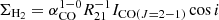 $ \Sigma_{\mathrm{H_2}} = \alpha^{1-0}_{\mathrm{CO}} R_{21}^{-1}I_{\mathrm{CO}(J = 2{-}1)} \cos{i} $