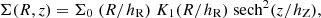 $$ \Sigma (R, z) = \Sigma _0 \; (R/h_{\mathrm {R}}) \; K_1(R/h_{\mathrm {R}}) \; {\mathrm {sech^2}} (z/h_{\mathrm {Z}}), $$