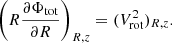 $$ \biggl (R\frac {\partial \Phi _{\mathrm {tot}}}{\partial R}\biggr )_{R,z} = (V^2_{\mathrm {rot}})_{R,z}. $$