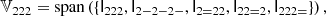 $$ \begin{aligned} \mathbb{V} _{222}&= \mathrm{span} \left(\{ \mathsf I _{222}, \mathsf I _{2-2-2-}, \mathsf I _{2 = 22}, \mathsf I _{22 = 2}, \mathsf I _{222=}\}\right) , \end{aligned} $$