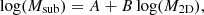 $$ \log (M_\mathrm {sub}) =A+B\log (M_\mathrm {2D}), $$