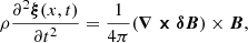 $$ \rho \frac {{\partial ^2\boldsymbol {\xi }(x,t)}}{{\partial t^2}} = \frac {1}{4\pi } (\boldsymbol {\nabla \times \delta B}) \times \boldsymbol { B}, $$