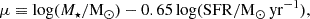 $$ \begin{aligned} \mu \equiv \log (M_\star /\mathrm{M}_{\odot }) - 0.65 \log (\mathrm{SFR}/\mathrm{M}_{\odot }\,\mathrm{yr}^{-1}), \end{aligned} $$