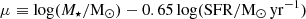 $ \mu \equiv \log(M_\star/\mathrm{M}_{\odot}) - 0.65 \log(\mathrm{SFR}/\mathrm{M}_{\odot}\,\mathrm{yr}^{-1}) $