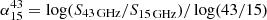 $ \alpha _{15}^{43}=\log (S_{\mathrm {43\,GHz}}/S_{\mathrm {15\,GHz}})/\log (43/15) $