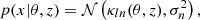 $$ p(x | \theta , z) = {\cal {{N}}}\left (\kappa _{ln}(\theta , z), \sigma ^2_n\right ), $$