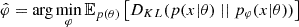 $$ {\hat {\varphi }} = \arg \min _{\varphi } {\mathbb {E}}_{p(\theta )} \left [D_{KL}(p(x | \theta ) \; || \; p_{\varphi }(x | \theta )) \right ] $$