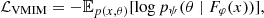 $$ {\cal {{L}}}_{{\mathrm {VMIM}}} = - {\mathbb {E}}_{p(x, \theta )} [\log {p_\psi (\theta \; | \;F_\varphi (x))}], $$