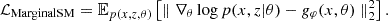 $$ {\cal {{L}}}_{\mathrm {MarginalSM}} = {\mathbb {E}}_{p(x,z,\theta )} \left [\parallel \nabla _{\theta } \log p(x,z | \theta ) - g_\varphi (x,\theta ) \parallel _2^2 \right ]. $$