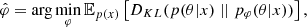 $$ {\hat {\varphi }} = \arg \min _{\varphi } {\mathbb {E}}_{p(x)} \left [D_{KL}(p(\theta |x) \; || \; p_{\varphi }(\theta |x)) \right ], $$