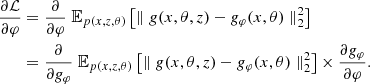$$ \begin{aligned} \frac {\partial {\cal {{L}}}}{\partial \varphi } &= \frac {\partial }{\partial \varphi } \; {\mathbb {E}}_{p(x,z,\theta )} \left [\parallel g(x, \theta , z) - g_\varphi (x,\theta ) \parallel _2^2 \right ]\\ &= \frac {\partial }{\partial g_\varphi } \; {\mathbb {E}}_{p(x,z,\theta )} \left [\parallel g(x, \theta , z) - g_\varphi (x,\theta ) \parallel _2^2 \right ] \times \frac {\partial g_\varphi }{\partial \varphi }. \end{aligned} $$