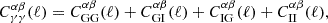 $$ \begin{aligned} C^{\alpha \beta }_{\gamma \gamma }(\ell ) = C^{\alpha \beta }_{\rm {GG}}(\ell ) + C^{\alpha \beta }_{\rm {GI}}(\ell ) + C^{\alpha \beta }_{\rm {IG}}(\ell ) + C^{\alpha \beta }_{\rm {II}}(\ell ), \end{aligned} $$
