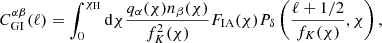 $$ \begin{aligned} C^{\alpha \beta }_{\rm {GI}}(\ell ) = \int ^{\chi _{\rm {H}}}_{0} \mathrm{d} \chi \frac{q_{\alpha }(\chi )n_{\beta }(\chi )}{f^{2}_{K}(\chi )} F_{\mathrm{IA} }(\chi ) P_{\delta }\left(\frac{\ell +1/2}{f_{K}(\chi )}, \chi \right) , \end{aligned} $$