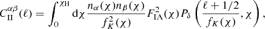 $$ \begin{aligned} C^{\alpha \beta }_{\rm {II}}(\ell ) =\int ^{\chi _{\rm {H}}}_{0} \mathrm{d} \chi \frac{n_{\alpha }(\chi )n_{\beta }(\chi )}{f^{2}_{K}(\chi )} F^2_{\mathrm{IA} }(\chi ) P_{\delta }\left(\frac{\ell +1/2}{f_{K}(\chi )}, \chi \right), \end{aligned} $$