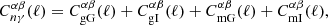 $$ \begin{aligned} C^{\alpha \beta }_{n\gamma }(\ell ) = C^{\alpha \beta }_{\rm {gG}}(\ell ) + C^{\alpha \beta }_{\rm {gI}}(\ell ) + C^{\alpha \beta }_{\rm {mG}}(\ell ) + C^{\alpha \beta }_{\rm {mI}}(\ell ) , \end{aligned} $$