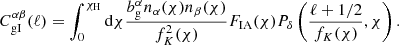 $$ \begin{aligned} C_{\rm {gI}}^{\alpha \beta }(\ell ) = \int _0^{\chi _{\rm H}}\mathrm{d} \chi \frac{b_{\rm g}^{\alpha }n_\alpha (\chi )n_\beta (\chi )}{f_K^2(\chi )}F_{\mathrm{IA} }(\chi )P_\delta \left(\frac{\ell +1/2}{f_K(\chi )},\chi \right). \end{aligned} $$