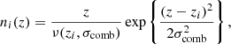 $$ \begin{aligned} n_i(z) = \frac{z}{\nu (z_i,\sigma _{\rm comb})} \exp \left\{ \frac{(z-z_i)^2}{2\sigma _{\rm comb}^2}\right\} , \end{aligned} $$