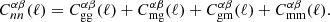 $$ \begin{aligned} C^{\alpha \beta }_{nn}(\ell ) = C^{\alpha \beta }_{\rm {gg}}(\ell ) + C^{\alpha \beta }_{\rm {mg}}(\ell ) + C^{\alpha \beta }_{\rm {gm}}(\ell ) + C^{\alpha \beta }_{\rm {mm}}(\ell ). \end{aligned} $$
