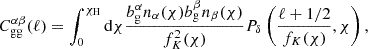 $$ \begin{aligned} C_{\rm {gg}}^{\alpha \beta }(\ell ) = \int _0^{\chi _{\rm H}}\mathrm{d} \chi \frac{b_{\rm g}^{\alpha }n_\alpha (\chi )b_{\rm g}^{\beta }n_\beta (\chi )}{f_K^2(\chi )}P_\delta \left(\frac{\ell +1/2}{f_K(\chi )},\chi \right), \end{aligned} $$