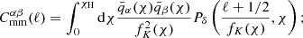 $$ \begin{aligned} C_{\rm {mm}}^{\alpha \beta }(\ell ) = \int ^{\chi _{\rm {H}}}_{0} \mathrm{d} \chi \frac{\bar{q}_{\alpha }(\chi )\bar{q}_{\beta }(\chi )}{f^{2}_{K}(\chi )} P_{\delta }\left(\frac{\ell +1/2}{f_{K}(\chi )}, \chi \right); \end{aligned} $$