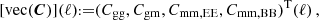 $$ [\mathrm {vec}(\boldsymbol {C})](\ell ) {{\scriptstyle:\!\!}=} (C_\mathrm {gg},C_\mathrm {gm},C_\mathrm {mm,EE},C_\mathrm {mm,BB})^\mathrm {T}(\ell )\,, $$