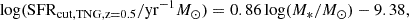 $$ \begin{aligned} \log (\mathrm{SFR}_{\rm cut,TNG,z=0.5}/\mathrm{yr}^{-1}M_{\odot }) = 0.86\log (M_*/M_\odot ) -9.38, \end{aligned} $$
