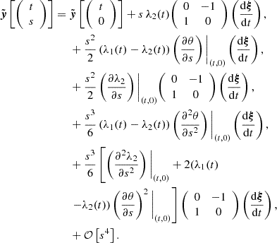 $$ \begin{aligned}{\tilde {\boldsymbol {y}}}\left [{\left (\begin {array}{c} t\\ s \end {array}\right )}\right ] ={}& {\tilde {\boldsymbol {y}}}\left [{\left (\begin {array}{c} t\\ 0 \end {array}\right )}\right ] + s\, \lambda _2(t) {\left (\begin {array}{cc} 0 & -1 \\ 1 & 0 \end {array}\right )} \left (\frac {{\mathrm {d}}\boldsymbol {\xi }}{{\mathrm {d}}t}\right ), \\ &{}+\frac {s^2}{2}\left (\lambda _1(t) - \lambda _2(t)\right ) \left (\frac {\partial \theta }{\partial s}\right )\Bigg |_{(t,0)} \left (\frac {{\mathrm {d}}\boldsymbol {\xi }}{{\mathrm {d}}t}\right ), \\ &{}+ \frac {s^2}{2}\left (\frac {\partial \lambda _2}{\partial s}\right )\Bigg |_{(t,0)} {\left (\begin {array}{cc} 0 & -1 \\ 1 & 0 \end {array}\right )} \left (\frac {{\mathrm {d}}\boldsymbol {\xi }}{{\mathrm {d}}t}\right ), \\ &{}+ \frac {s^3}{6}\left (\lambda _1(t) - \lambda _2(t)\right )\left (\frac {\partial ^2 \theta } {\partial s^2}\right )\Bigg |_{(t,0)} \left (\frac {{\mathrm {d}}\boldsymbol {\xi }}{{\mathrm {d}}t}\right ), \\ &{}+ \frac {s^3}{6} \left [\left (\frac {\partial ^2 \lambda _2}{\partial s^2}\right )\Bigg |_{(t,0)} + 2(\lambda _1(t)\right . \\ &{}\left .- \lambda _2(t))\left (\frac {\partial \theta }{\partial s} \right )^2\Bigg |_{(t,0)}\right ] {\left (\begin {array}{cc} 0 & -1 \\ 1 & 0 \end {array}\right )} \left (\frac {{\mathrm {d}}\boldsymbol {\xi }}{{\mathrm {d}}t}\right ), \\ &{}+{\cal {{O}}}\left [s^4\right ]. \end{aligned} $$
