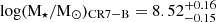 $ \log ({{\mathrm {M_\star }}}/{{\mathrm {M_\odot }}})_{\mathrm {CR7-B}} = 8.52^{+0.16}_{-0.15} $