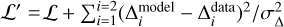 $ {\cal L}'={\cal L}+\sum_{i=1}^{i=2}(\Delta_i^{\rm model}-\Delta_i^{\rm data})^2/\sigma_\Delta^2$