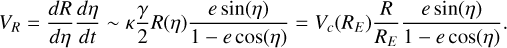 V_R = \frac{dR}{d\eta}\frac{d\eta}{dt} \sim \kappa \frac{\gamma}{2}R(\eta)\frac{e \, \mathrm{sin}(\eta)}{1-e \, \mathrm{cos}(\eta)} = V_c(R_E)\frac{R}{R_E}\frac{e \, \mathrm{sin}(\eta)}{1-e \, \mathrm{cos}(\eta)}.