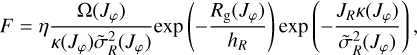 F = \eta \frac{\Omega(J_\varphi)}{\kappa(J_\varphi) \tilde{\sigma}^2_R(J_\varphi)} {\rm exp} \left( -\frac{R_\mathrm{g}(J_\varphi)}{h_R} \right) {\rm exp}\left( - \frac{J_R\kappa(J_\varphi)}{\tilde{\sigma}^2_R(J_\varphi)} \right),