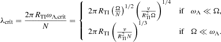 $$ \begin{aligned} \lambda _{\rm crit} = \frac{2 \pi R_{\rm TI} \omega _{\rm A,crit}}{N} = {\left\{ \begin{array}{ll} 2 \pi R_{\rm TI} \left(\frac{\Omega }{N} \right)^{1/2} \left(\frac{\nu }{R_{\rm TI}^2 \Omega }\right)^{1/4}&\mathrm{if}\quad \omega _{\rm A} \ll \Omega , \\ 2 \pi R_{\rm TI} \left(\frac{\nu }{R_{\rm TI}^2 N}\right)^{1/3}&\mathrm{if}\quad \Omega \ll \omega _{\rm A}. \end{array}\right.} \end{aligned} $$