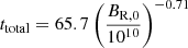 $ t_{\mathrm{total}} = 65.7 \left(\frac{B_{\mathrm{R,0}}}{10^{10}}\right)^{-0.71} $