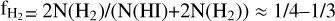 ${{\rm{f}}_{{{\rm{H}}_2}}}\, = 2{\rm{N}}\left( {{{\rm{H}}_2}} \right)/\left( {{\rm{N}}({\rm{HI}}) + 2{\rm{N}}\left( {{{\rm{H}}_2}} \right)} \right) \approx 1/4 - 1/3$