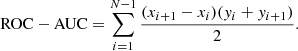 $$ \begin{aligned} \mathrm{ROC-AUC} = \sum _{i = 1}^{N-1} \frac{(x_{i+1}-x_i)(y_i+y_{i+1})}{2}. \end{aligned} $$