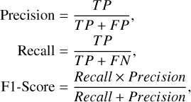 $\[\begin{aligned}\text {Precision} & =\frac{T P}{T P+F P}, \\\text {Recall} & =\frac{T P}{T P+F N}, \\\text {F1-Score} & =\frac{{Recall} \times {Precision}}{{Recall}+ { Precision }},\end{aligned}\]$