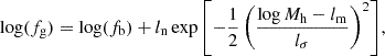 $$ \begin{aligned} \log (f_{\mathrm{g}}) = \log (f_{\mathrm{b}}) + {l_{\rm n} \, {\exp \left[-{1\over 2}\left({\log M_{\rm h} - l_{\rm m} \over l_{\sigma }}\right)^2\right]}}, \end{aligned} $$