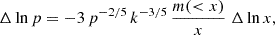 $$ \begin{aligned} \Delta \ln p&= - 3 \, p^{-2/5} \, k^{-3/5} \, {m( < x)\over x} \; \Delta \ln x, \end{aligned} $$