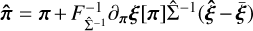 $\[\hat{\boldsymbol{\pi}}=\boldsymbol{\pi}+F_{\hat{\Sigma}^{-1}}^{-1} \partial_\boldsymbol{{\pi}} \boldsymbol{{\xi}}[\pi] \hat{\Sigma}^{-1}(\hat{\boldsymbol{\xi}}- \overline{\boldsymbol{\xi}})\]$