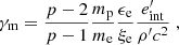 $$ \gamma _\mathrm {m} = \frac {p-2}{p-1}\frac {m_\mathrm {p}}{m_\mathrm {e}}\frac {\epsilon _\mathrm {e}}{\xi _\mathrm {e}}\frac {e^\prime_\mathrm {int}}{\rho ^{\prime}c^2}\;, $$