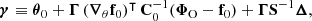$$ \begin{aligned} \boldsymbol{\gamma }&\equiv \boldsymbol{\theta }_0 + \boldsymbol{\Gamma } \, (\boldsymbol{\nabla }_{\theta } \mathbf f _0)^\intercal \, \mathbf C _0^{-1} (\boldsymbol{\Phi }_{\rm O} - \mathbf f _0) + \boldsymbol{\Gamma }\mathbf S ^{-1}\boldsymbol{\Delta }, \end{aligned} $$
