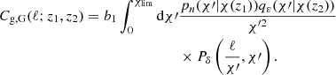 $$ \begin{aligned} C_{\rm g,G}(\ell ; z_1, z_2) = b_1 \int _0^{\chi _{\mathrm{lim}}}\mathrm{d} \chi \prime&\frac{p_n(\chi \prime | \chi (z_1)) q_\varepsilon (\chi \prime | \chi (z_2))}{\chi ^{\prime 2}}\nonumber \\&\times P_\delta \left(\frac{\ell }{\chi \prime }, \chi \prime \right). \end{aligned} $$