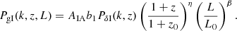 $$ \begin{aligned} P_{\rm gI}(k, z, L) = A_{\rm IA} b_1 P_{\delta \mathrm{I}}(k, z) \left(\frac{1+z}{1+z_0}\right)^\eta \left(\frac{L}{L_0}\right)^\beta . \end{aligned} $$